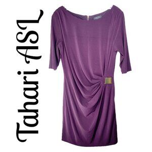 NWOT TAHARI ASL Stretchy Burgundy Ruched‎ Sheath Dress, Size 8P